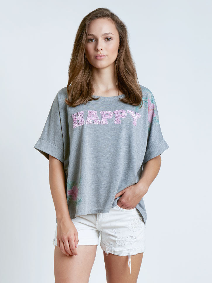 #becauseimhappy - Kastenshirt mit Happy-Print aus Pailletten, grau