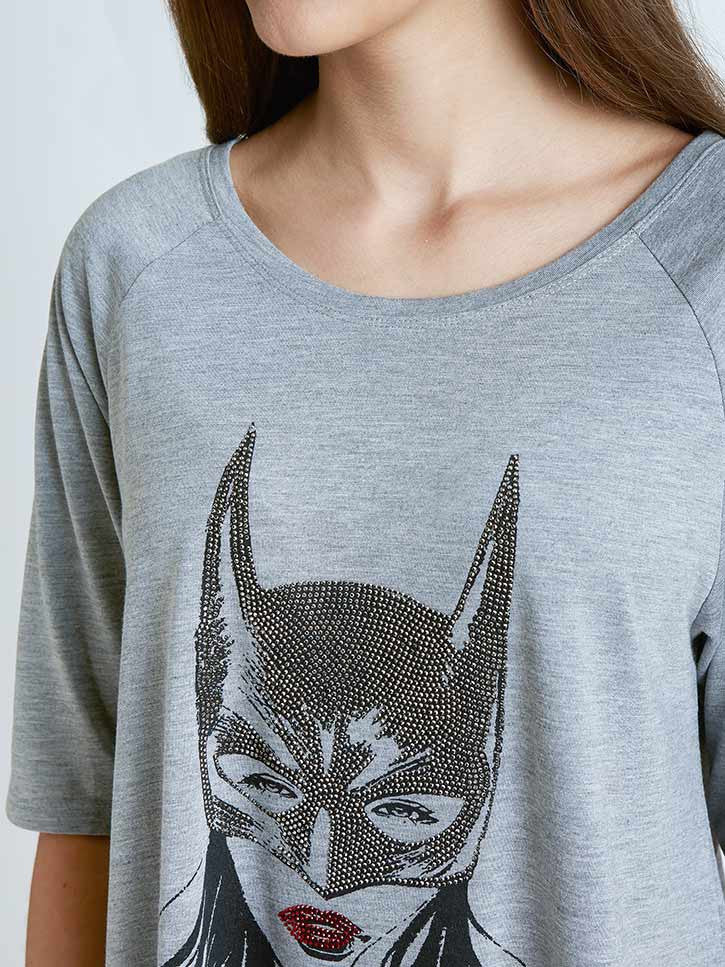#mswayne - Batwoman Oversize Shirt mit Strasssteinen, grau