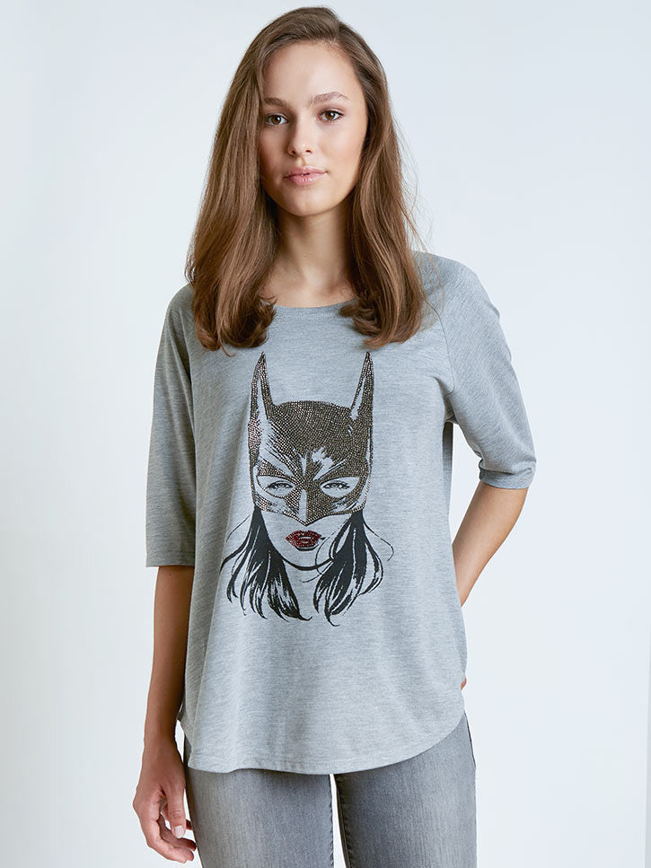 Batwoman Oversize Shirt mit Strasssteinen, grau